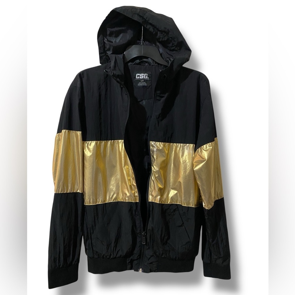 CSG Black Hoodie Bomber Jacket with Bold Gold Color-block Women’s Size SP Goth